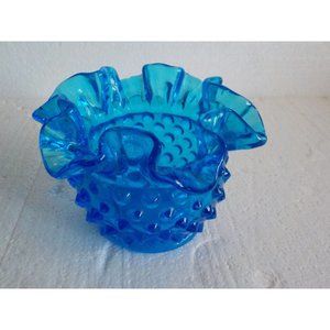Vintage Fenton Depression Blue Hobnail Ruffled Edge Round Vase 3" tall